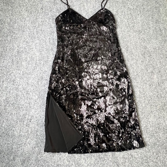 LPA Revolve Black Sequin Spaghetti Strap V-Neck Mini Dress Medium LBD Night Out - Picture 3 of 12